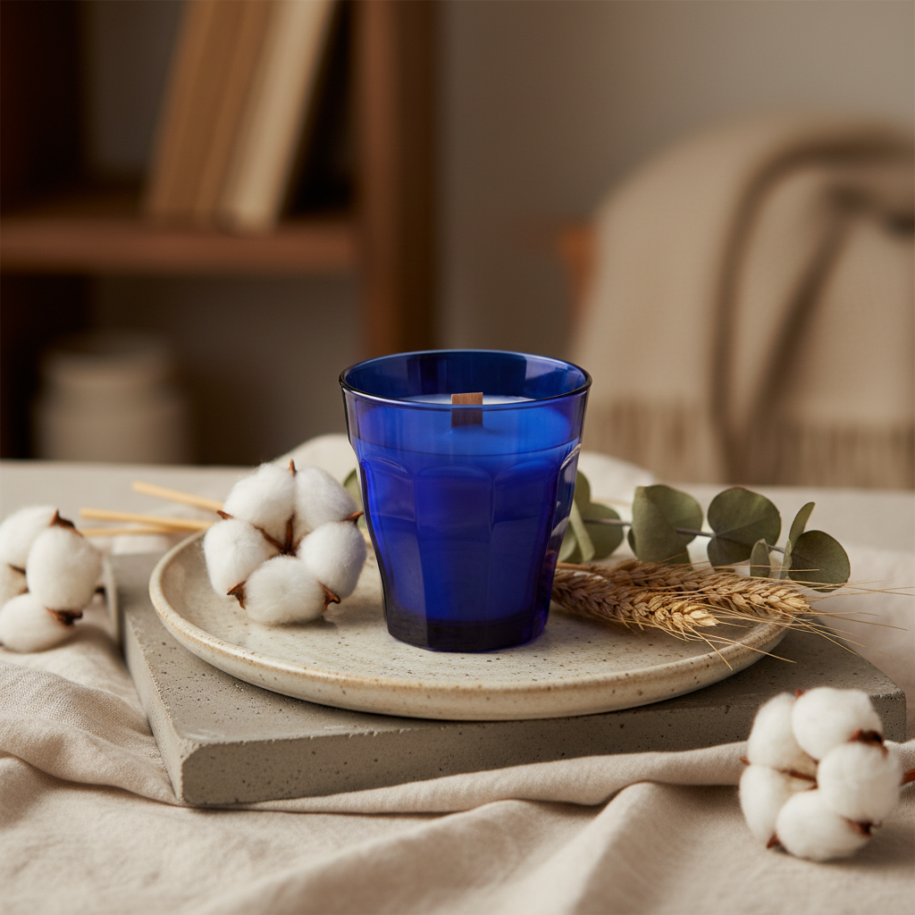 Bougie artisanale fleur de coton dans verre Duralex bleu avec mèche en bois