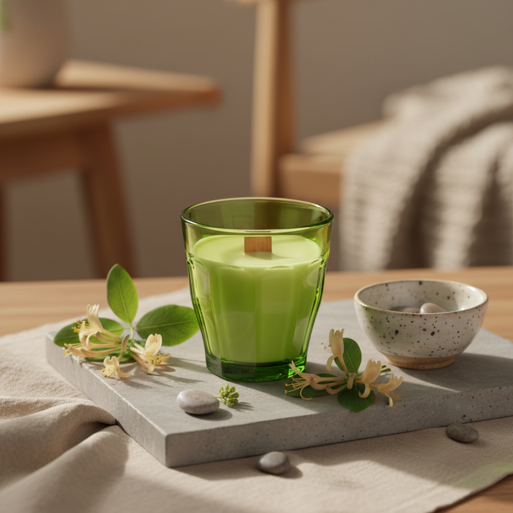 Bougie artisanale chèvrefeuille dans verre Duralex vert avec mèche en bois